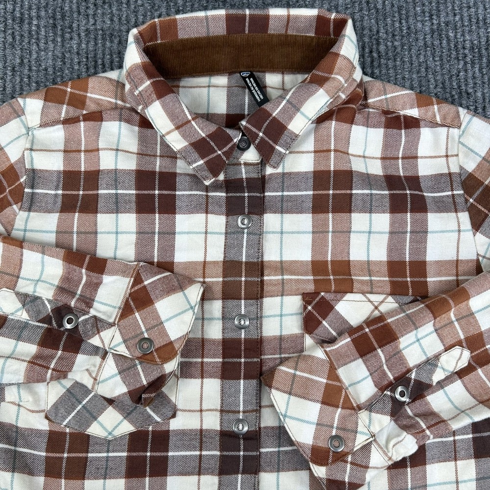 Kuhl Tess Women's Medium Brown Plaid Flannel Flip Cuffs Snap Plaid Corduroy 8457